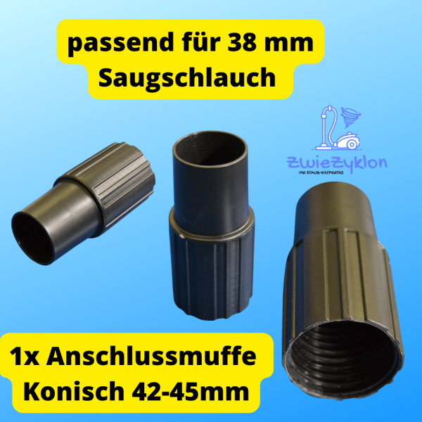Anschlussmuffe für 38 mm Saugschlauch auf 42-45 mm (Außen-Ø) Geräteanschluss - KONISCH